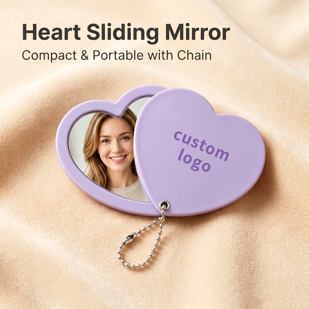 OEM/ODM Heart Shape Sliding Cover Double Sided Mirror from Kaifam Manufacturing. Custom logo, Pantone colors, MOQ 100pcs, 15-day lead time. Request a free quote.