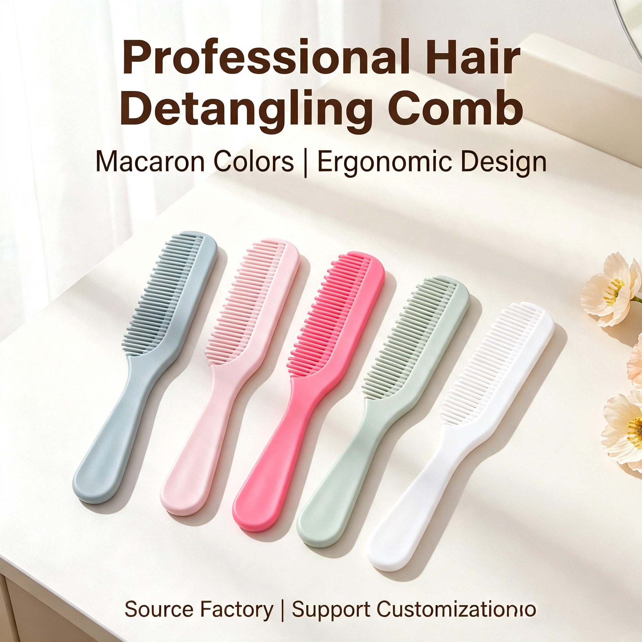 OEM/ODM Professional Hair Detangling Comb from Kaifam Manufacturing. Custom logo, Pantone colors, MOQ 100pcs, 15-day lead time. Request a free quote.