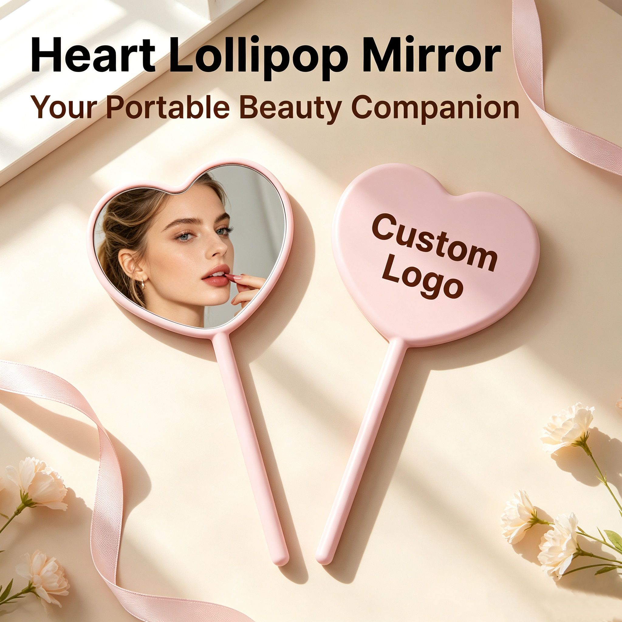 OEM/ODM Heart Lollipop Hand Mirror from Kaifam Manufacturing. Custom logo, Pantone colors, MOQ 100pcs, 15-day lead time. Request a free quote.