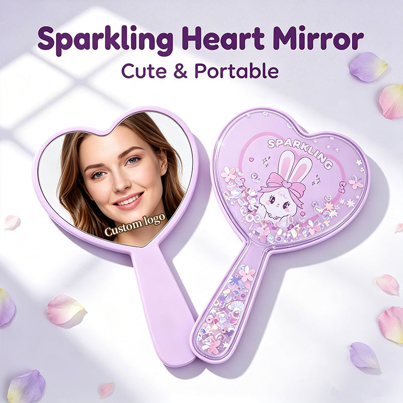 OEM/ODM Heart Quicksand Handheld Mirror from Kaifam Manufacturing. Custom logo, Pantone colors, MOQ 100pcs, 15-day lead time. Request a free quote.