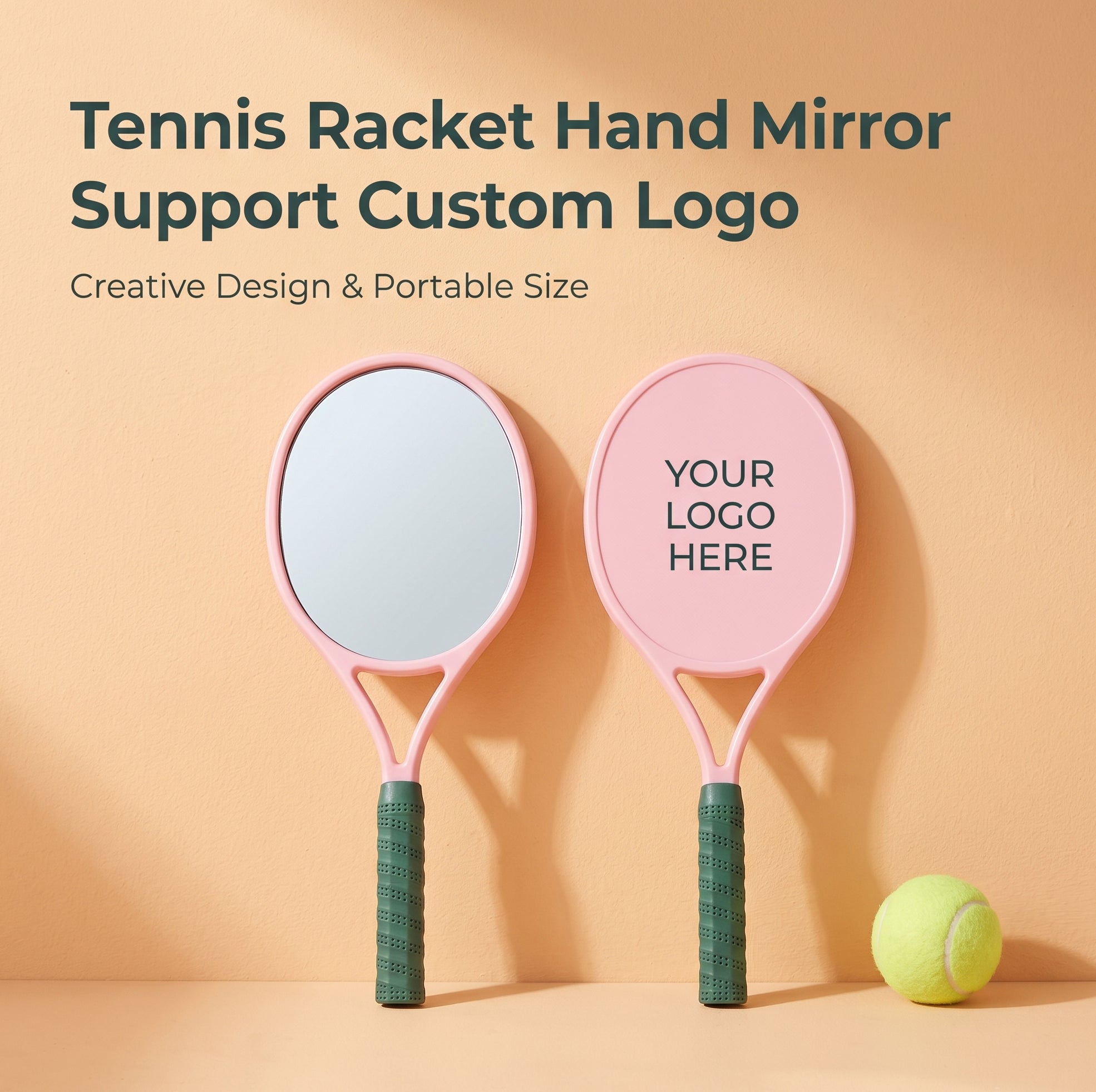 OEM/ODM Tennis Racket Shaped Hand Mirror from Kaifam Manufacturing. Custom logo, Pantone colors, MOQ 100pcs, 15-day lead time. Request a free quote.