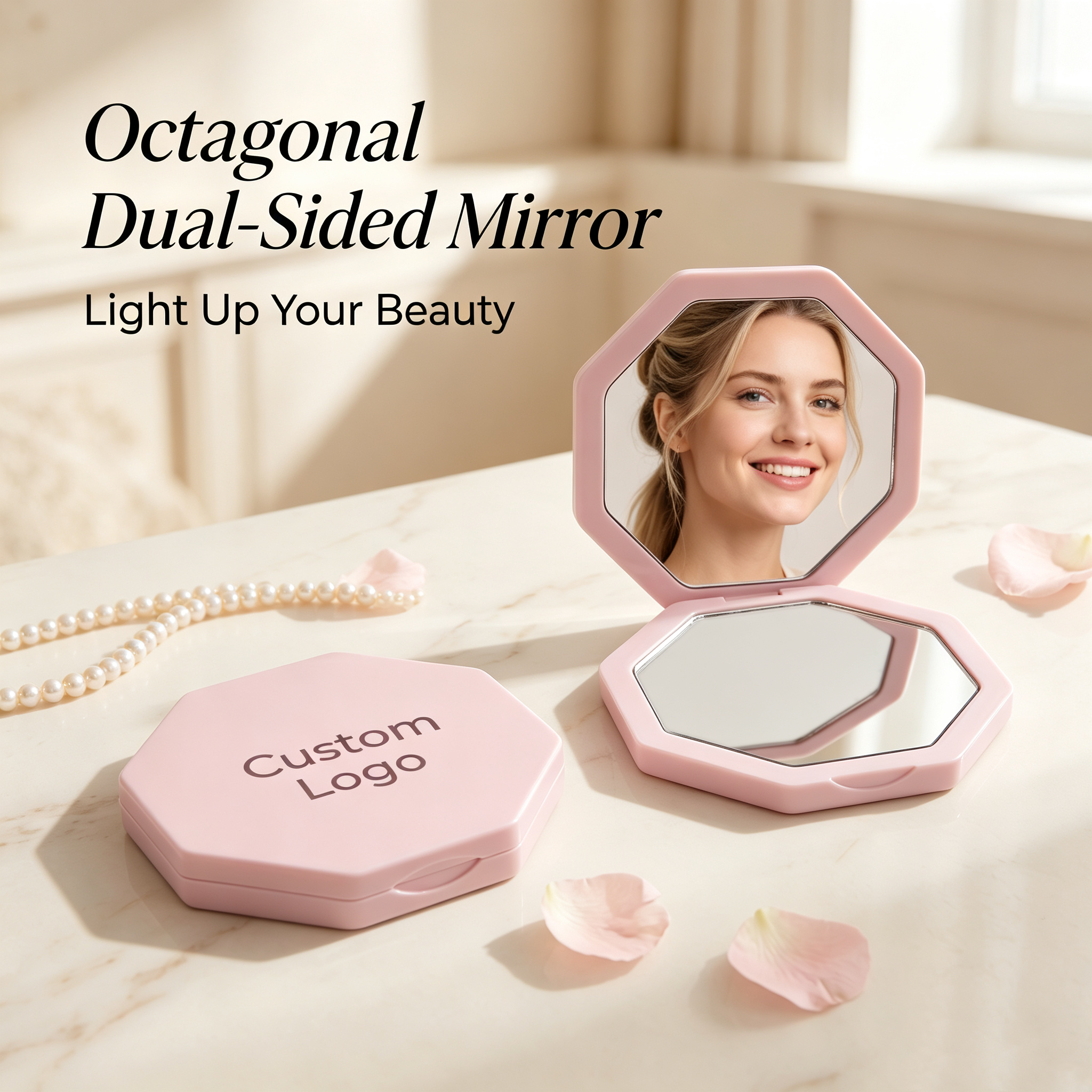 OEM/ODM Octagonal Dual-Sided Compact Mirror from Kaifam Manufacturing. Custom logo, Pantone colors, MOQ 100pcs, 15-day lead time. Request a free quote.