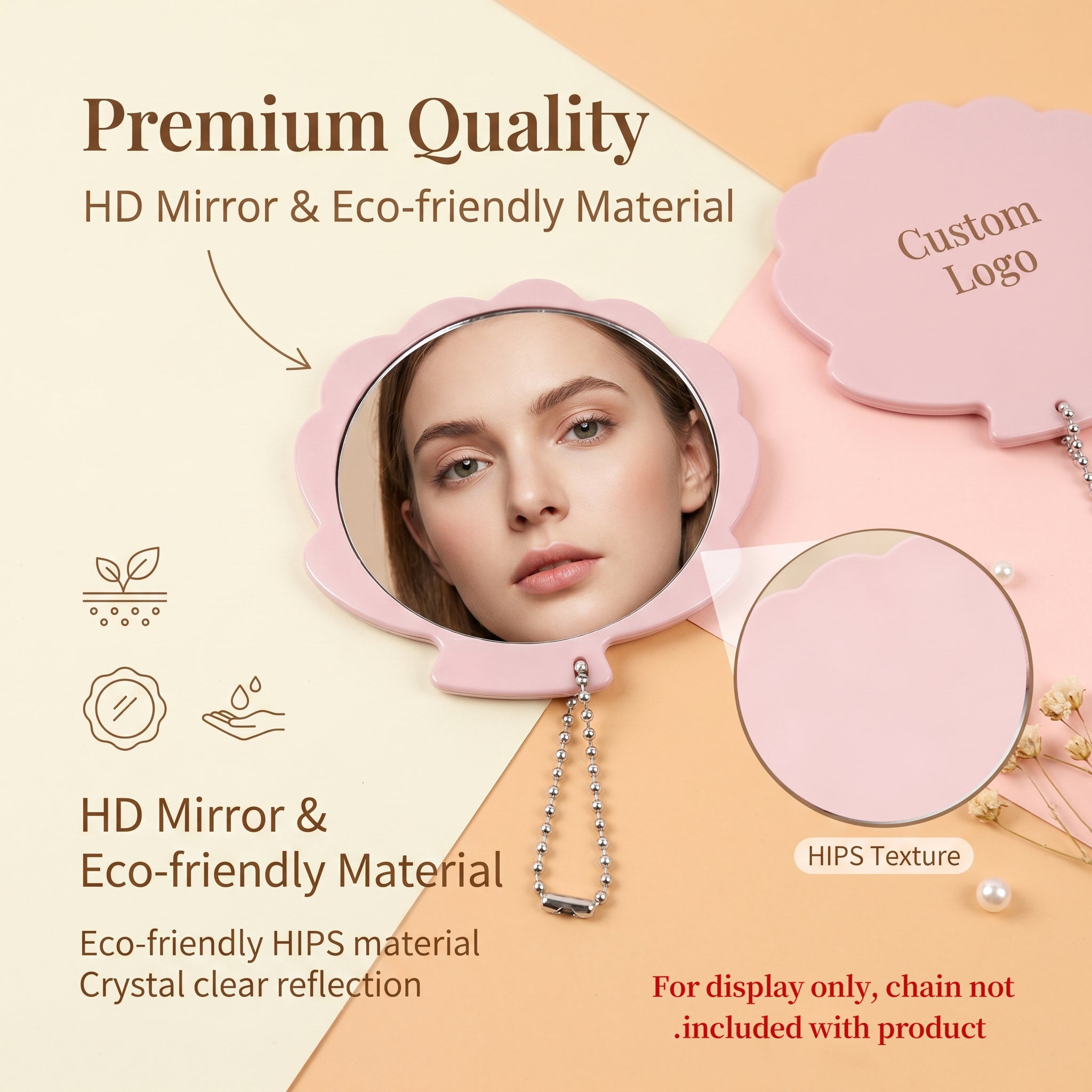 OEM/ODM Seashell Pocket Makeup Mirror from Kaifam Manufacturing. Custom logo, Pantone colors, MOQ 100pcs, 15-day lead time. Request a free quote.