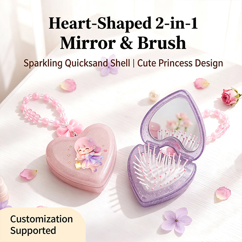 OEM/ODM Transparent Glitter Heart Flip Travel Comb with Built-in Mirror from Kaifam Manufacturing. Custom logo, Pantone colors, MOQ 100pcs, 15-day lead time. Request a free quote.