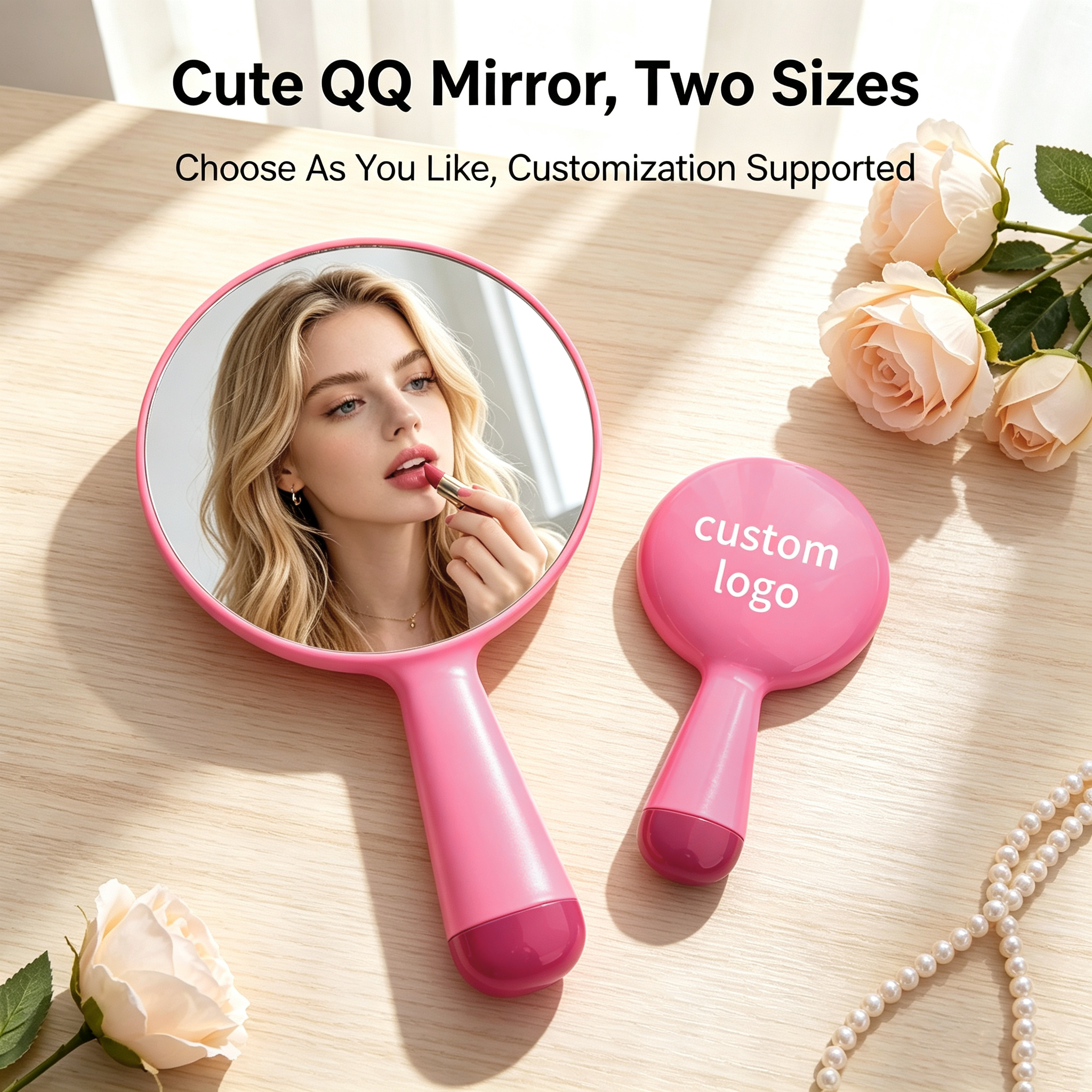 OEM/ODM Macaron Round Handheld Makeup Mirror from Kaifam Manufacturing. Custom logo, Pantone colors, MOQ 100pcs, 15-day lead time. Request a free quote.