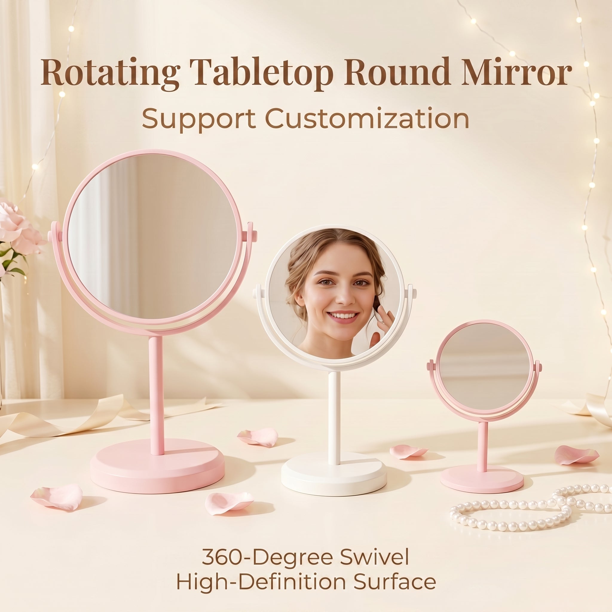 OEM/ODM Double Sided Round Tabletop Vanity Mirror with 360 from Kaifam Manufacturing. Custom logo, Pantone colors, MOQ 100pcs, 15-day lead time. Request a free quote.