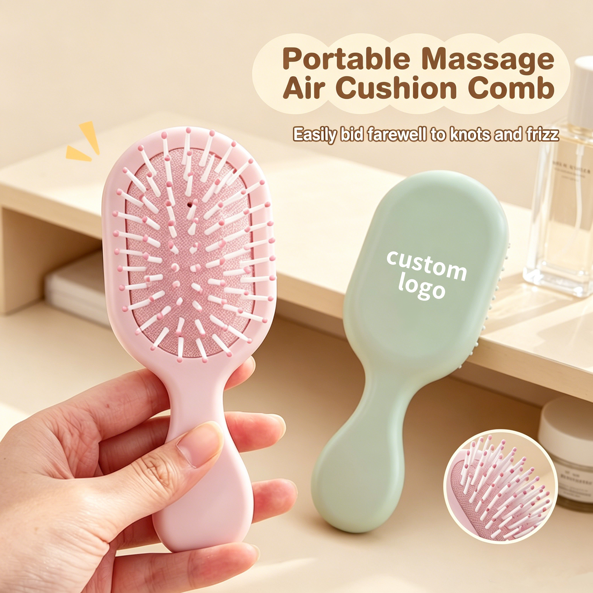 OEM/ODM Mini Airbag Comb from Kaifam Manufacturing. Custom logo, Pantone colors, MOQ 100pcs, 15-day lead time. Request a free quote.