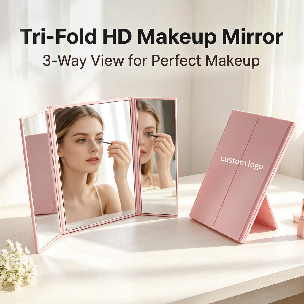 OEM/ODM Tri-Fold HD Makeup Mirror from Kaifam Manufacturing. Custom logo, Pantone colors, MOQ 100pcs, 15-day lead time. Request a free quote.