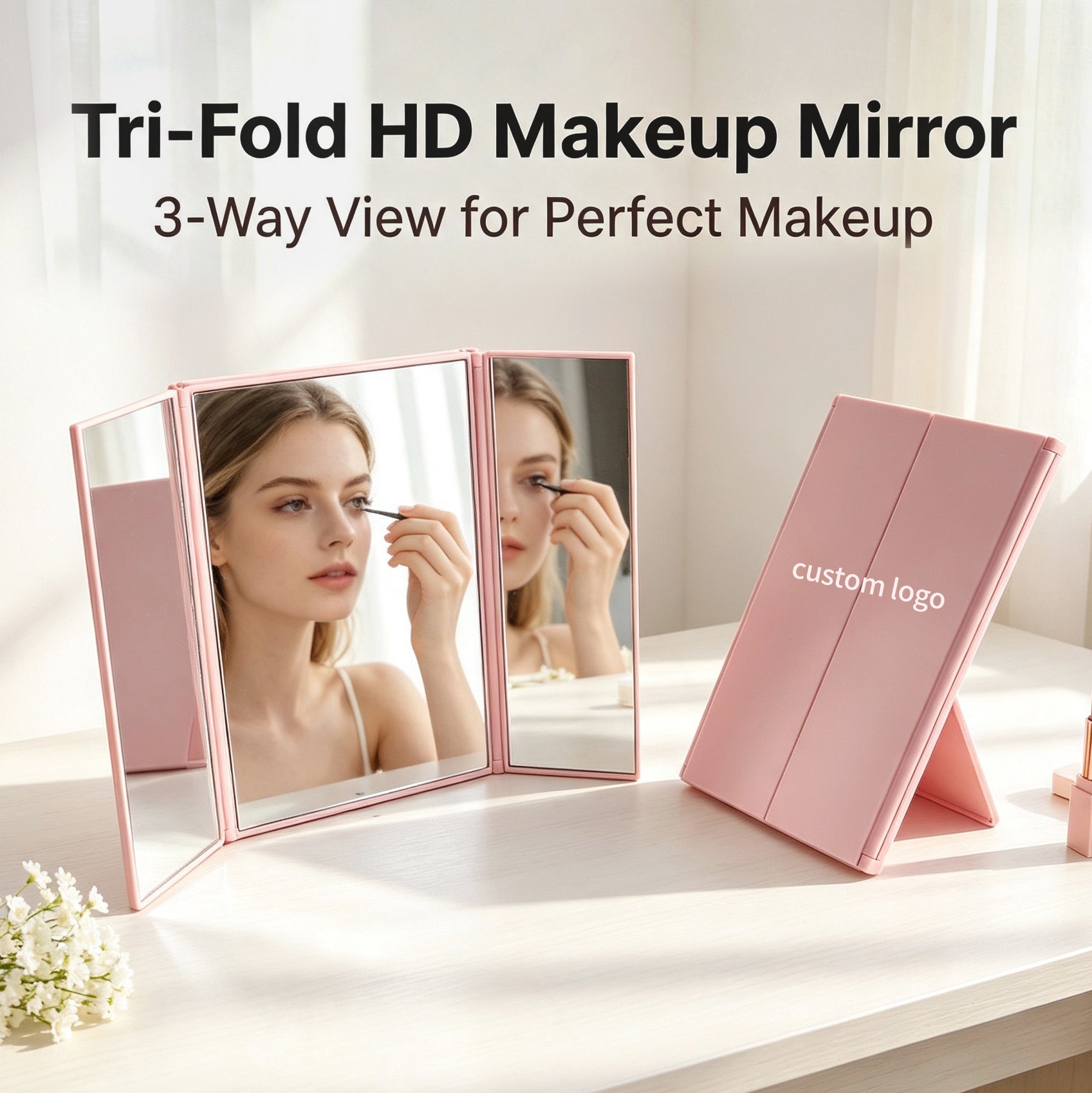 OEM/ODM Tri-Fold HD Makeup Mirror from Kaifam Manufacturing. Custom logo, Pantone colors, MOQ 100pcs, 15-day lead time. Request a free quote.