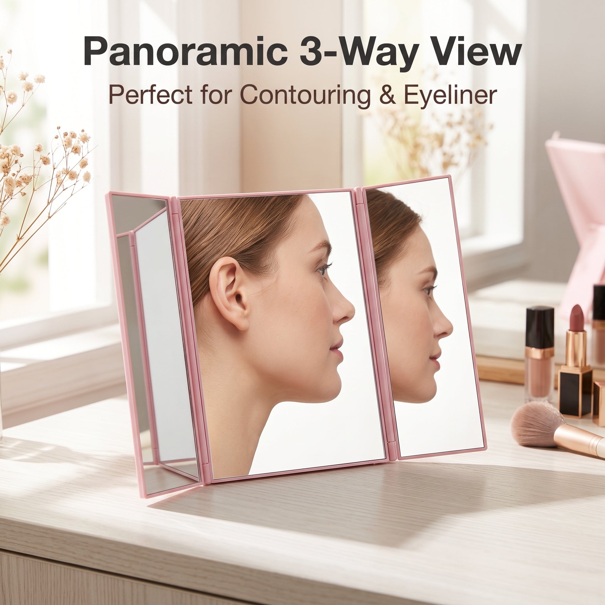 OEM/ODM Tri-Fold HD Makeup Mirror from Kaifam Manufacturing. Custom logo, Pantone colors, MOQ 100pcs, 15-day lead time. Request a free quote.