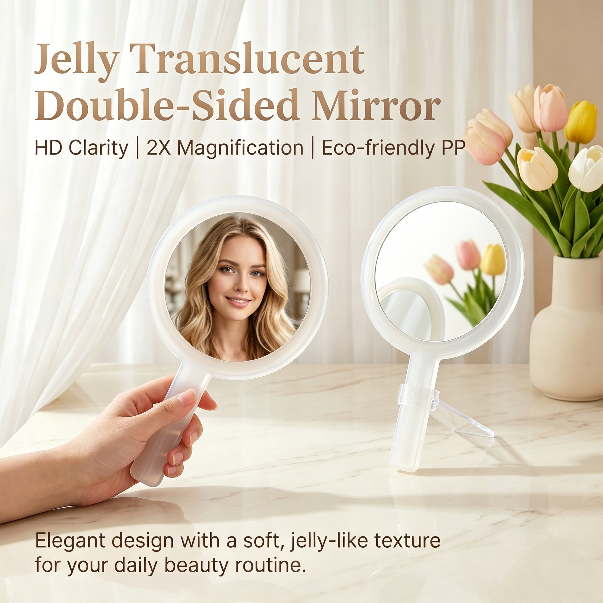 OEM/ODM Transparent Handle Double-sided Round Cosmetic Mirror from Kaifam Manufacturing. Custom logo, Pantone colors, MOQ 100pcs, 15-day lead time. Request a free quote.