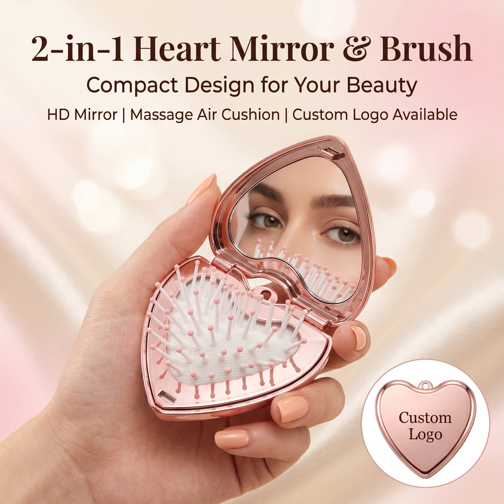 OEM/ODM Heart Flip Open Airbag Massage Comb with Built-in Mirror from Kaifam Manufacturing. Custom logo, Pantone colors, MOQ 100pcs, 15-day lead time. Request a free quote.
