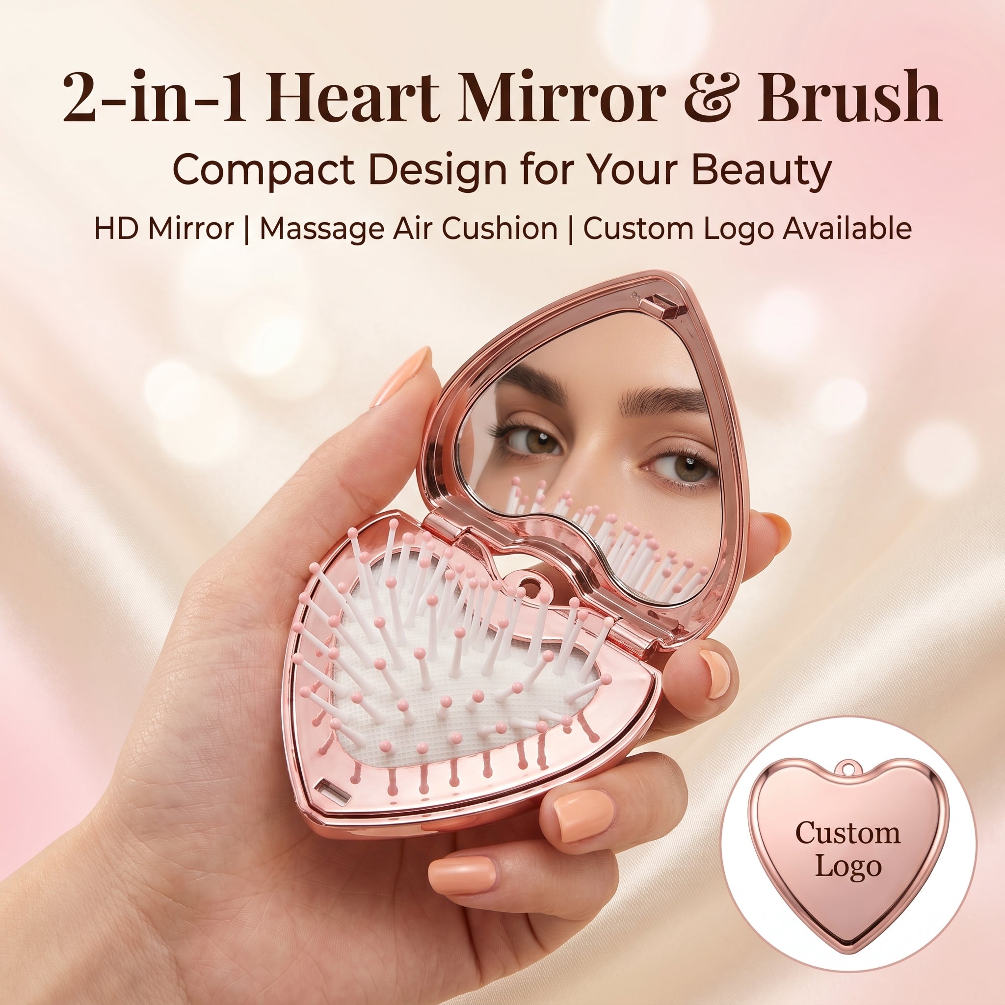 OEM/ODM Heart Flip Open Airbag Massage Comb with Built-in Mirror from Kaifam Manufacturing. Custom logo, Pantone colors, MOQ 100pcs, 15-day lead time. Request a free quote.