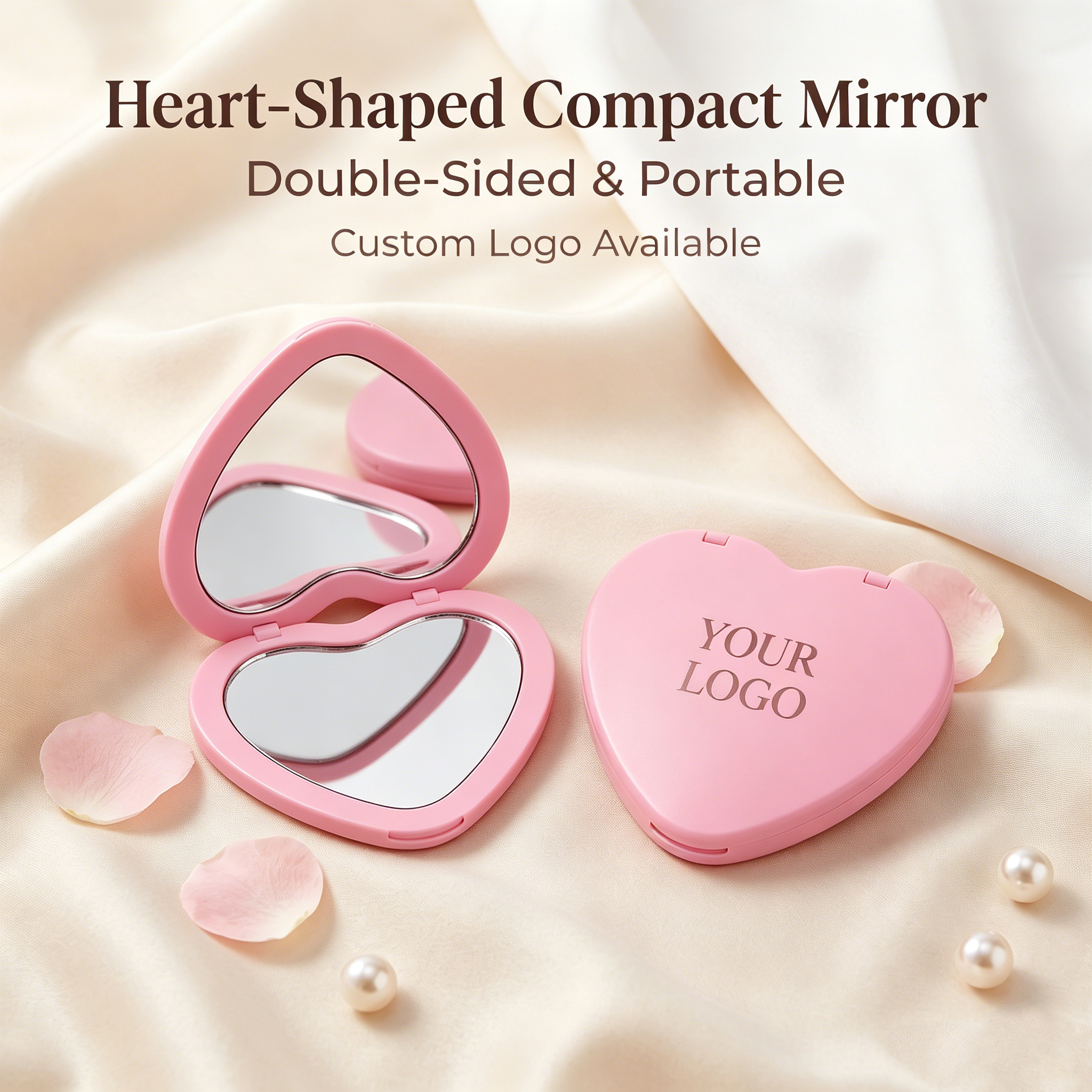 OEM/ODM ouble Sided Heart Compact Mirror from Kaifam Manufacturing. Custom logo, Pantone colors, MOQ 100pcs, 15-day lead time. Request a free quote.