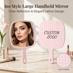 OEM/ODM Ins Style Large Square Handheld Cosmetic Mirror with Lattice Texture from Kaifam Manufacturing. Custom logo, Pantone colors, MOQ 100pcs, 15-day lead time. Request a free quote.