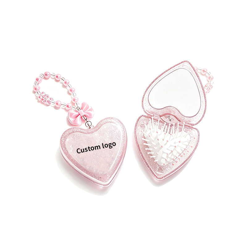 OEM/ODM Transparent Glitter Heart Flip Travel Comb with Built-in Mirror from Kaifam Manufacturing. Custom logo, Pantone colors, MOQ 100pcs, 15-day lead time. Request a free quote.