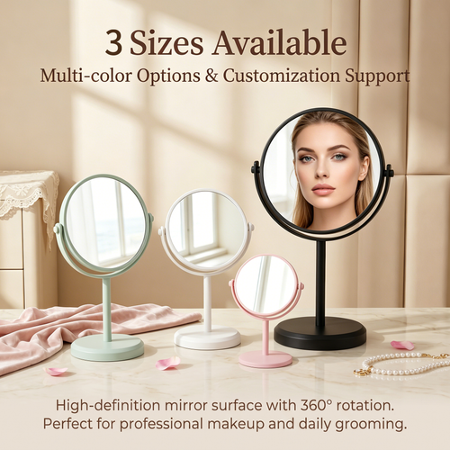 OEM/ODM Double Sided Round Tabletop Vanity Mirror with 360 from Kaifam Manufacturing. Custom logo, Pantone colors, MOQ 100pcs, 15-day lead time. Request a free quote.