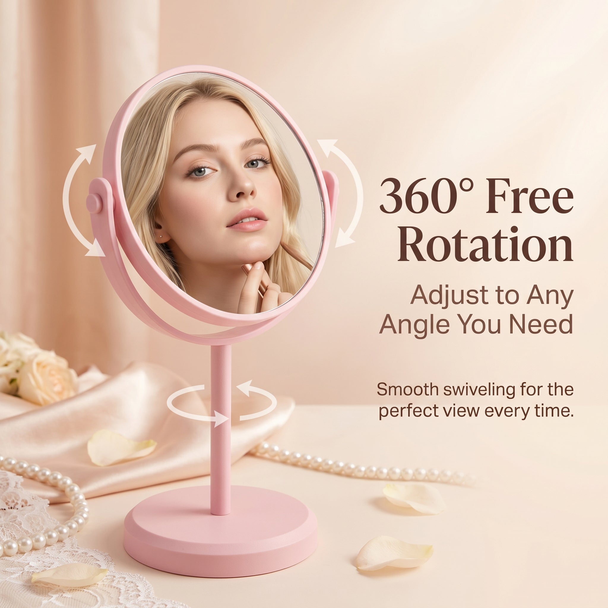 OEM/ODM Double Sided Round Tabletop Vanity Mirror with 360 from Kaifam Manufacturing. Custom logo, Pantone colors, MOQ 100pcs, 15-day lead time. Request a free quote.