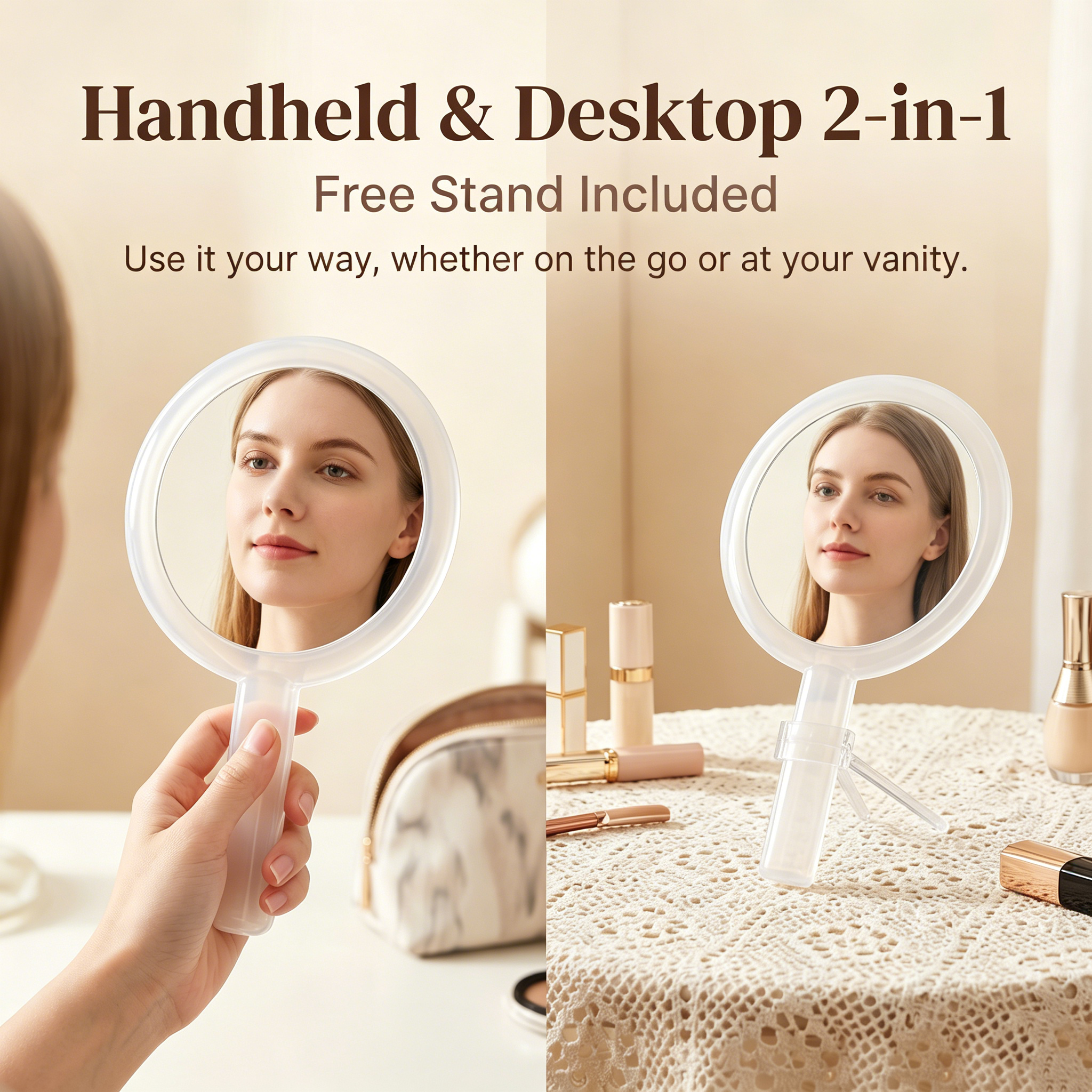 OEM/ODM Transparent Handle Double-sided Round Cosmetic Mirror from Kaifam Manufacturing. Custom logo, Pantone colors, MOQ 100pcs, 15-day lead time. Request a free quote.