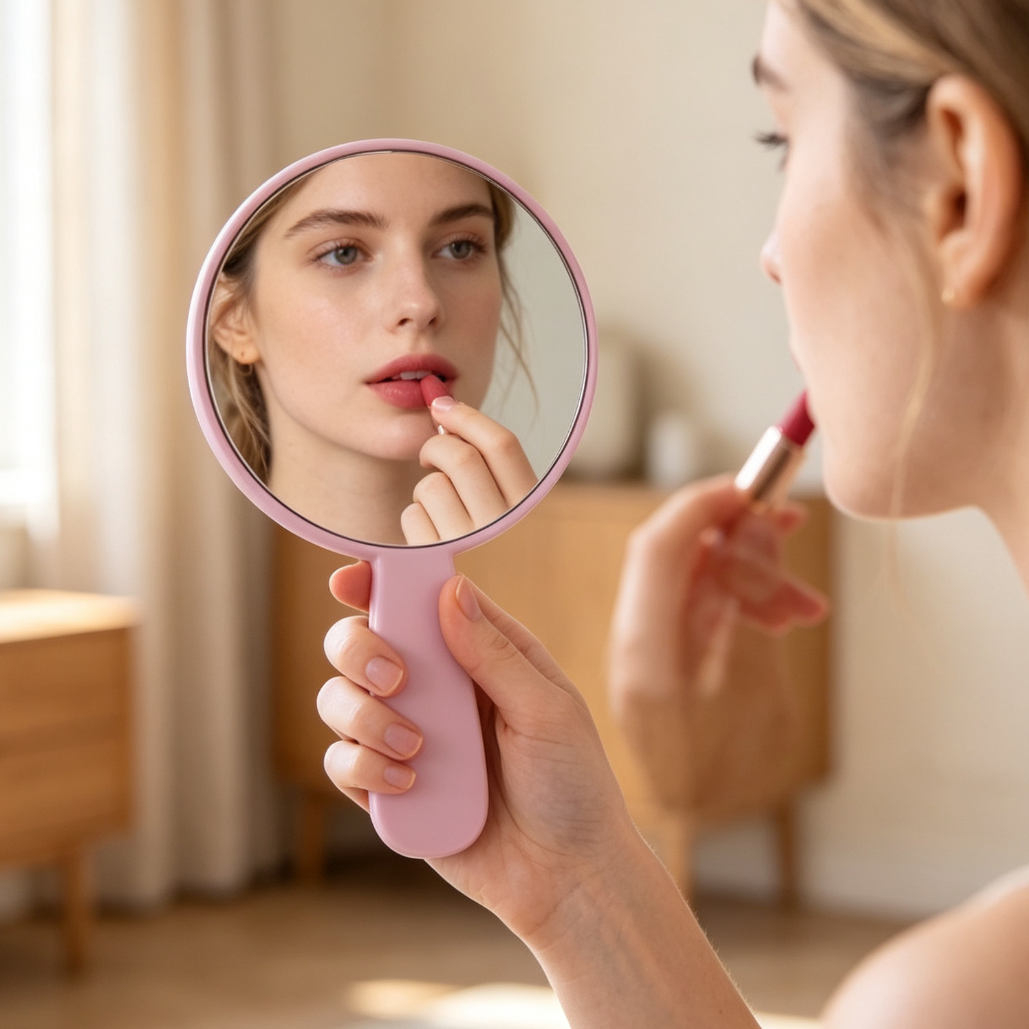 OEM/ODM Round Single-sided Quicksand Cosmetic Mirror with Handle from Kaifam Manufacturing. Custom logo, Pantone colors, MOQ 100pcs, 15-day lead time. Request a free quote.