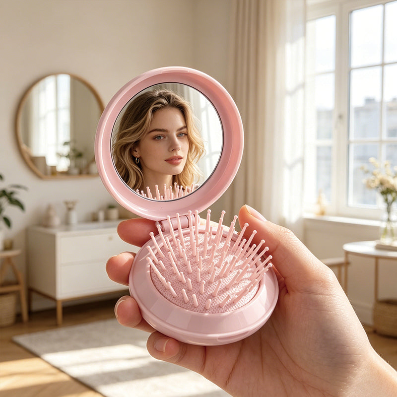 OEM/ODM Round Foldable Airbag Comb With Mirror from Kaifam Manufacturing. Custom logo, Pantone colors, MOQ 100pcs, 15-day lead time. Request a free quote.