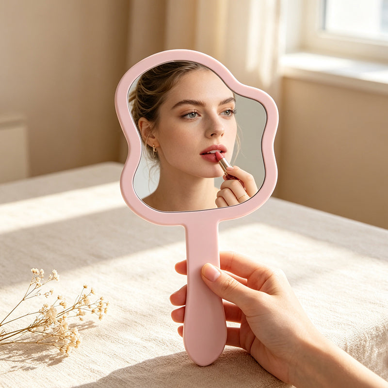 OEM/ODM Wavy Edge Long Handle Hand Mirror from Kaifam Manufacturing. Custom logo, Pantone colors, MOQ 100pcs, 15-day lead time. Request a free quote.