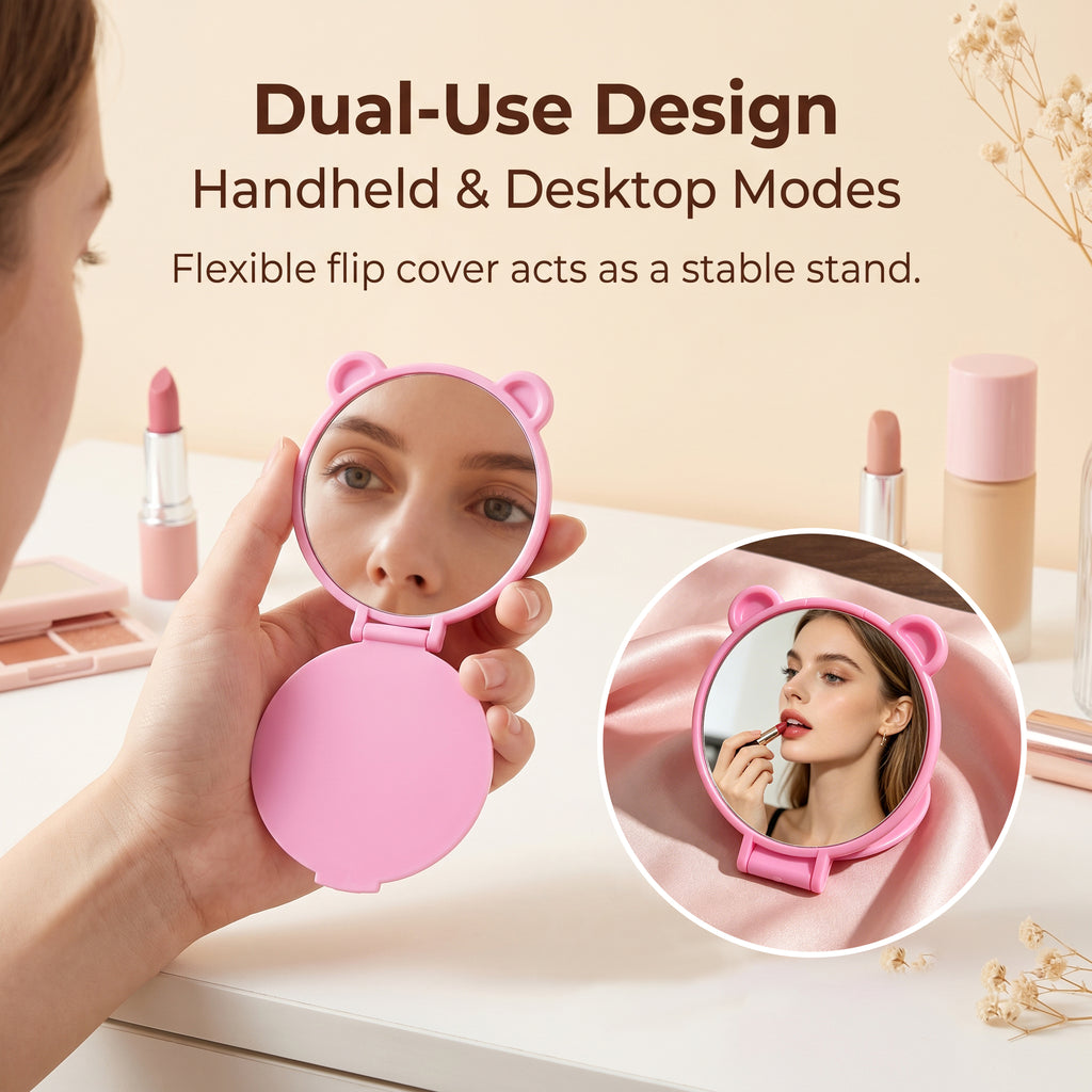 OEM/ODM Single-sided Mini Bear Ear Flip Cosmetic Mirror from Kaifam Manufacturing. Custom logo, Pantone colors, MOQ 100pcs, 15-day lead time. Request a free quote.