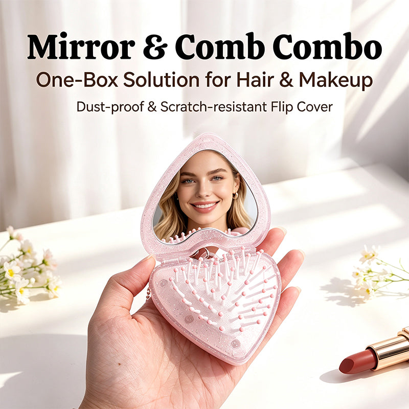 OEM/ODM Transparent Glitter Heart Flip Travel Comb with Built-in Mirror from Kaifam Manufacturing. Custom logo, Pantone colors, MOQ 100pcs, 15-day lead time. Request a free quote.