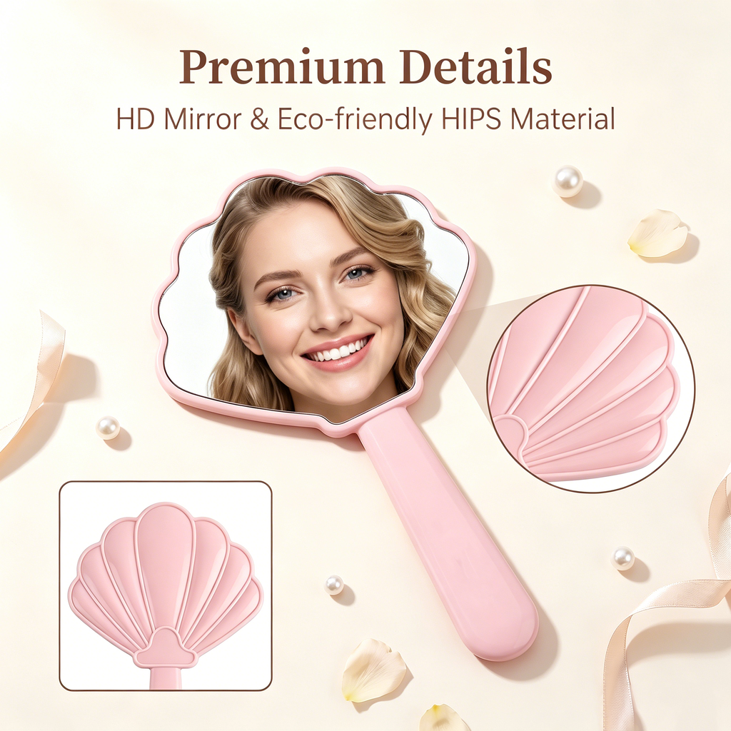 OEM/ODM Shell Handheld Makeup Mirror from Kaifam Manufacturing. Custom logo, Pantone colors, MOQ 100pcs, 15-day lead time. Request a free quote.
