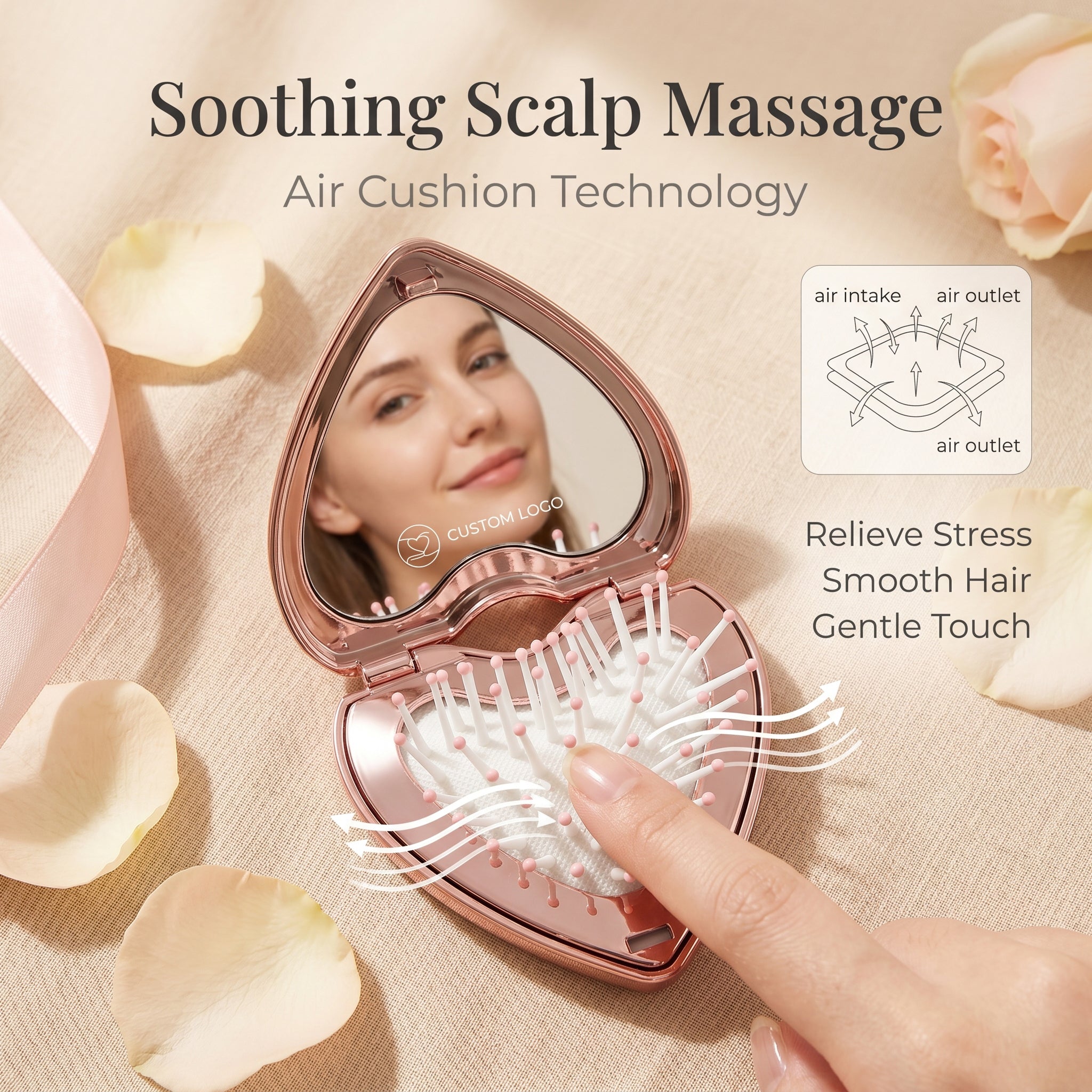 OEM/ODM Heart Flip Open Airbag Massage Comb with Built-in Mirror from Kaifam Manufacturing. Custom logo, Pantone colors, MOQ 100pcs, 15-day lead time. Request a free quote.