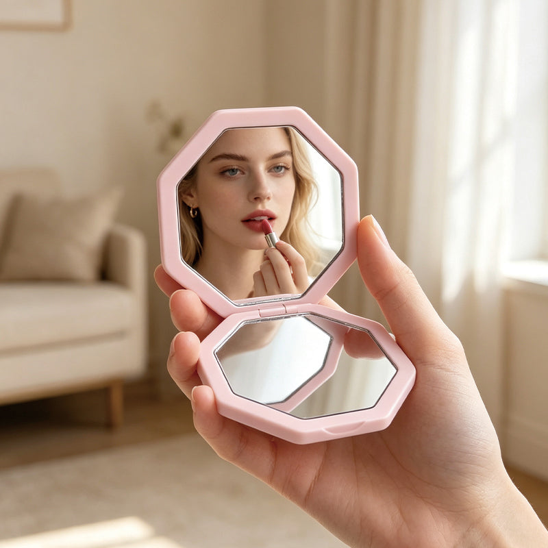 OEM/ODM Octagonal Dual-Sided Compact Mirror from Kaifam Manufacturing. Custom logo, Pantone colors, MOQ 100pcs, 15-day lead time. Request a free quote.