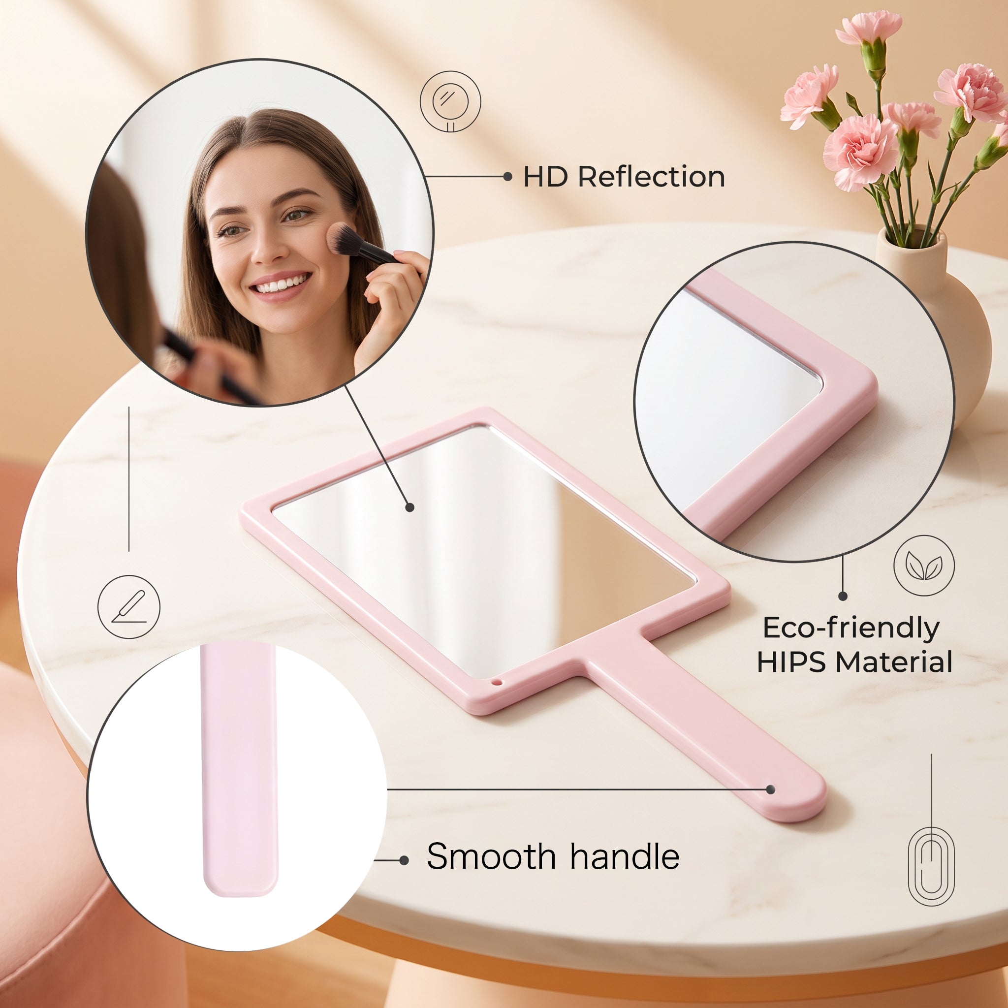 OEM/ODM Square handheld mirror from Kaifam Manufacturing. Custom logo, Pantone colors, MOQ 100pcs, 15-day lead time. Request a free quote.