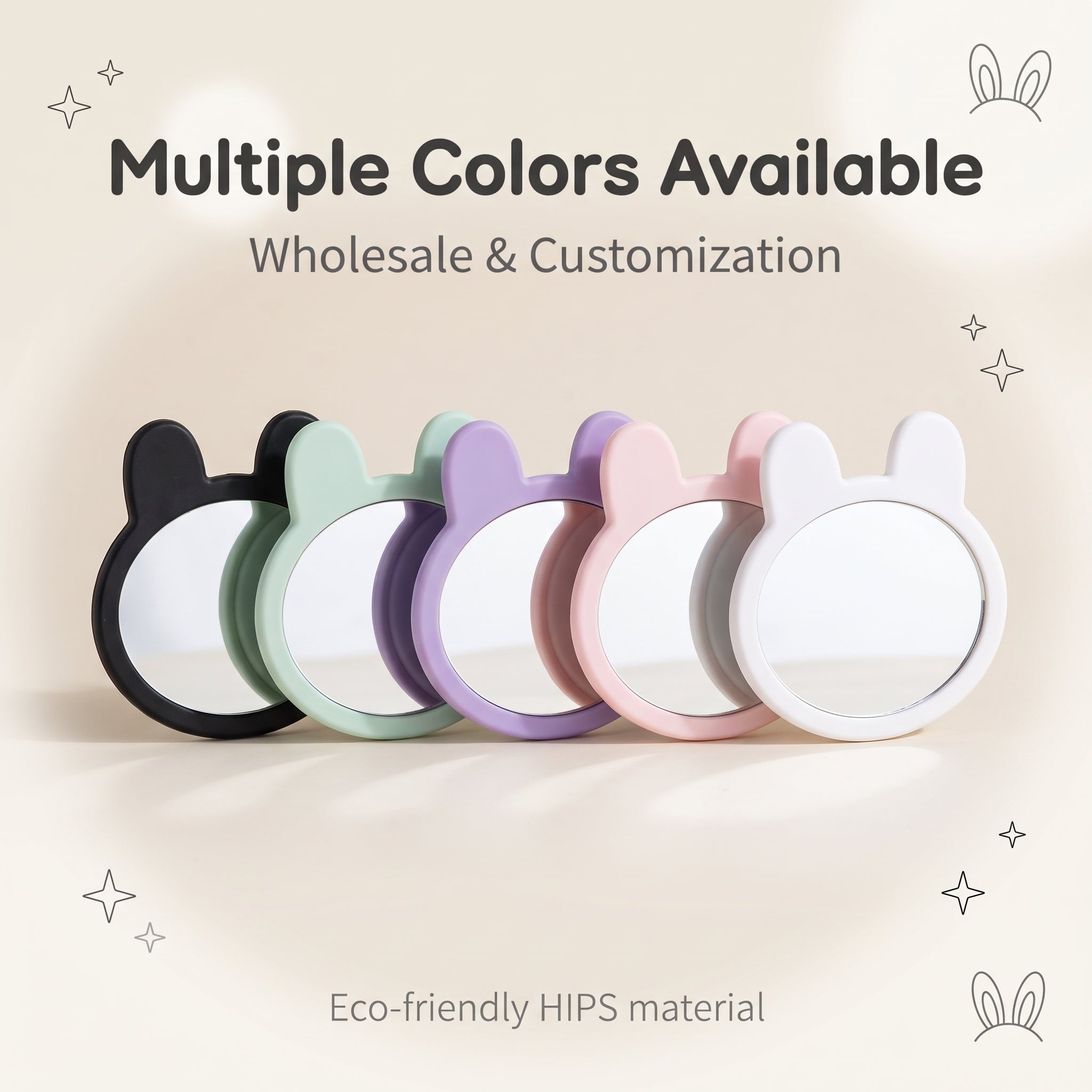 OEM/ODM Rabbit Ear Single-sided Makeup Mirror from Kaifam Manufacturing. Custom logo, Pantone colors, MOQ 100pcs, 15-day lead time. Request a free quote.