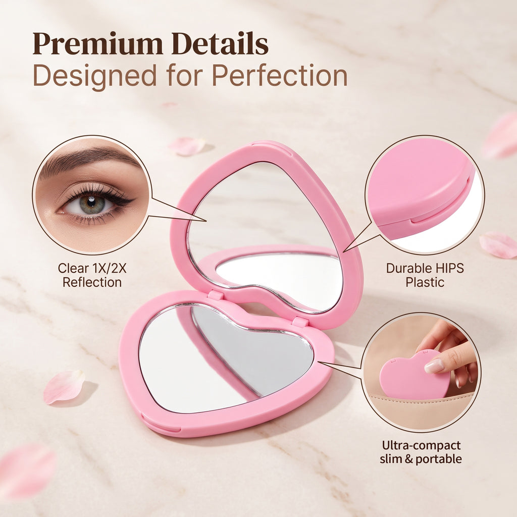 OEM/ODM ouble Sided Heart Compact Mirror from Kaifam Manufacturing. Custom logo, Pantone colors, MOQ 100pcs, 15-day lead time. Request a free quote.