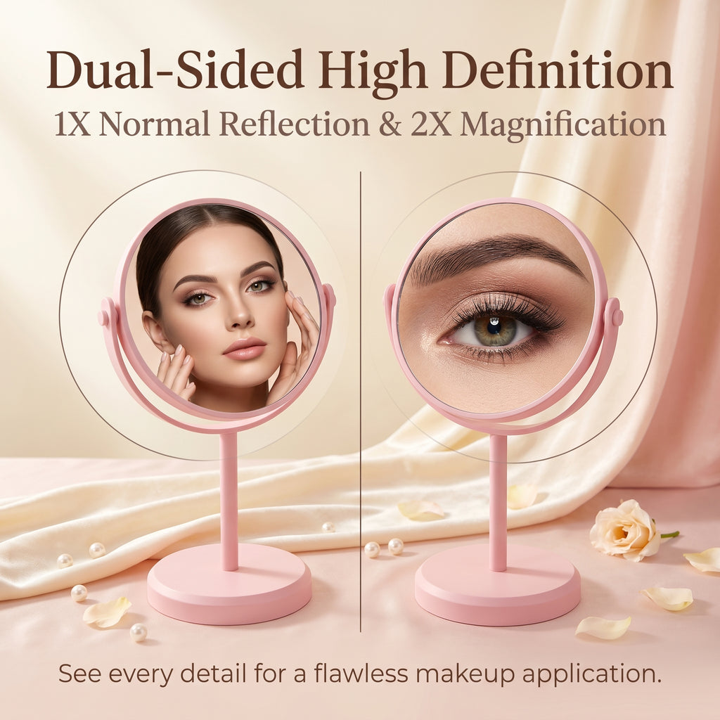 OEM/ODM Double Sided Round Tabletop Vanity Mirror with 360 from Kaifam Manufacturing. Custom logo, Pantone colors, MOQ 100pcs, 15-day lead time. Request a free quote.