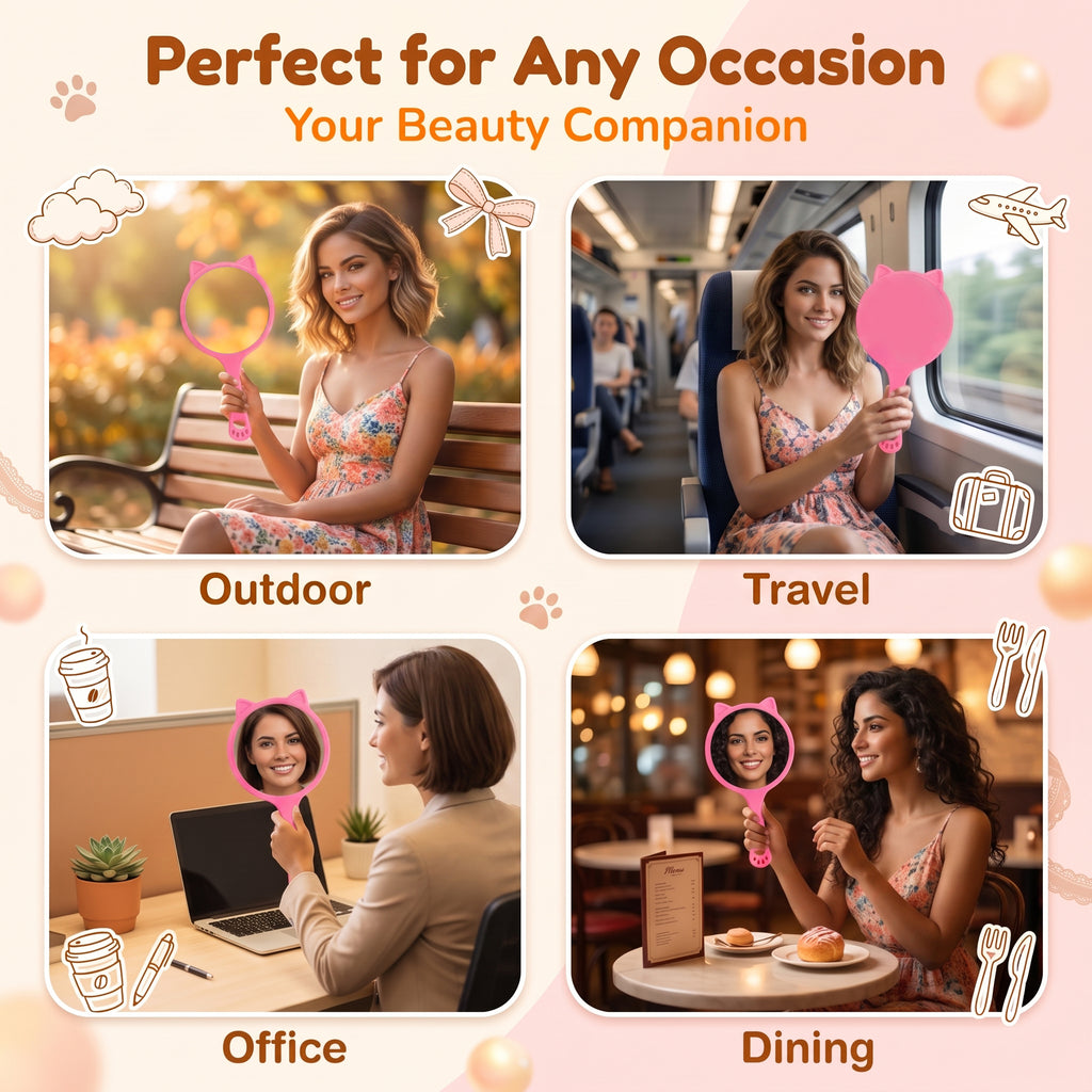 OEM/ODM Cat Ear Handheld Makeup Mirror from Kaifam Manufacturing. Custom logo, Pantone colors, MOQ 100pcs, 15-day lead time. Request a free quote.