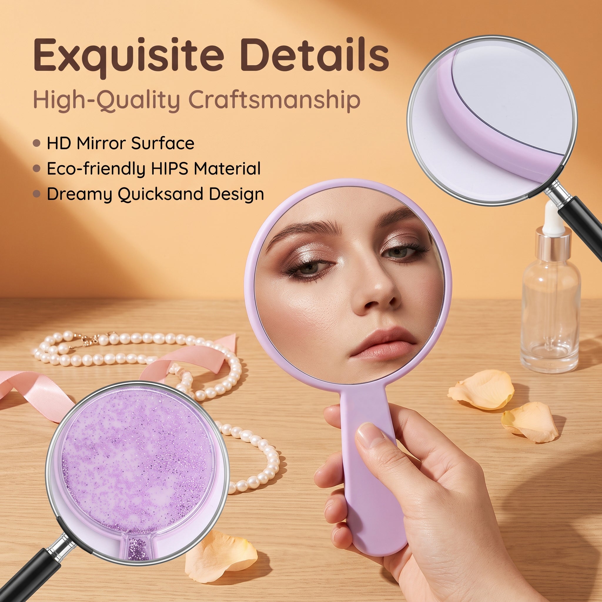 OEM/ODM Round Single-sided Quicksand Cosmetic Mirror with Handle from Kaifam Manufacturing. Custom logo, Pantone colors, MOQ 100pcs, 15-day lead time. Request a free quote.