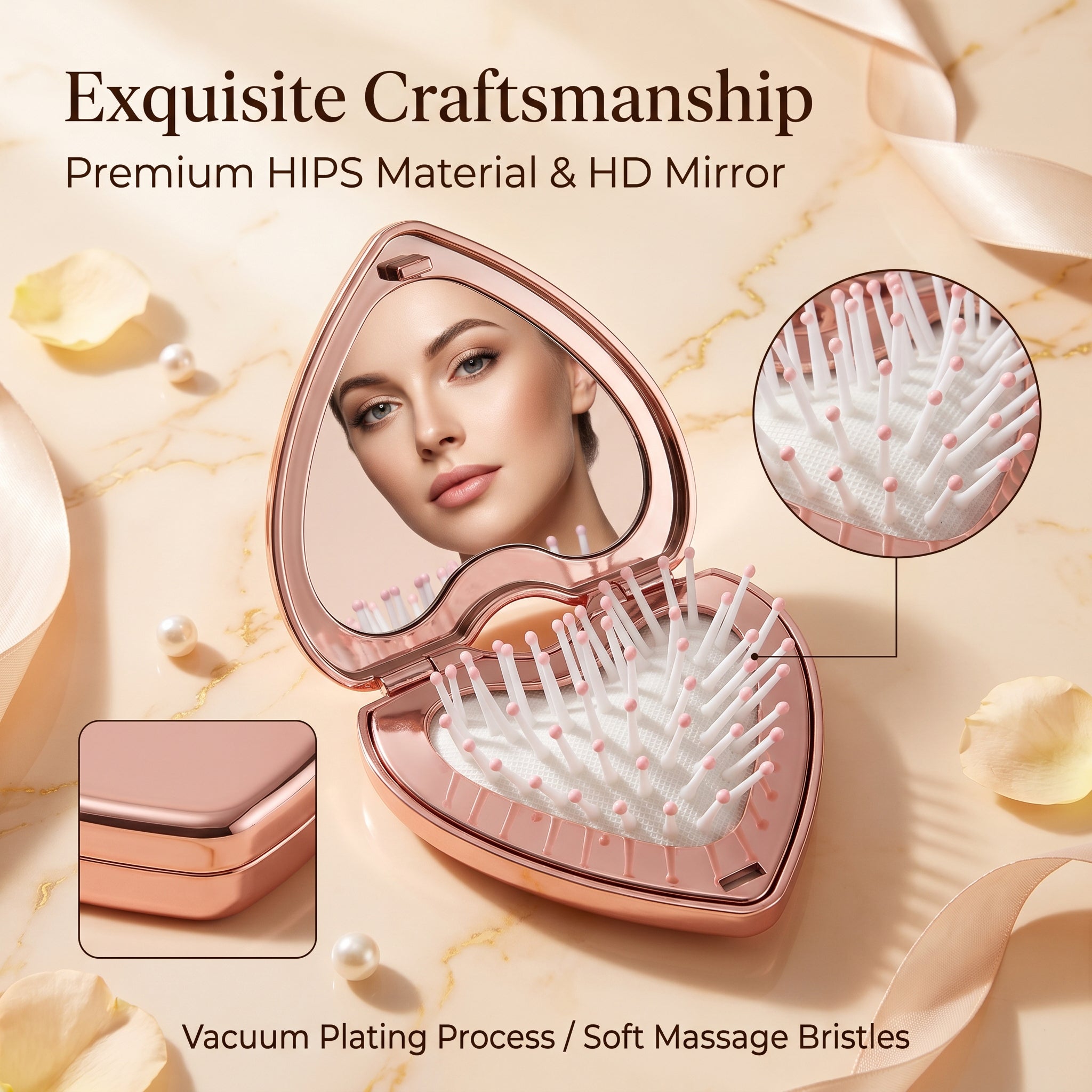 OEM/ODM Heart Flip Open Airbag Massage Comb with Built-in Mirror from Kaifam Manufacturing. Custom logo, Pantone colors, MOQ 100pcs, 15-day lead time. Request a free quote.