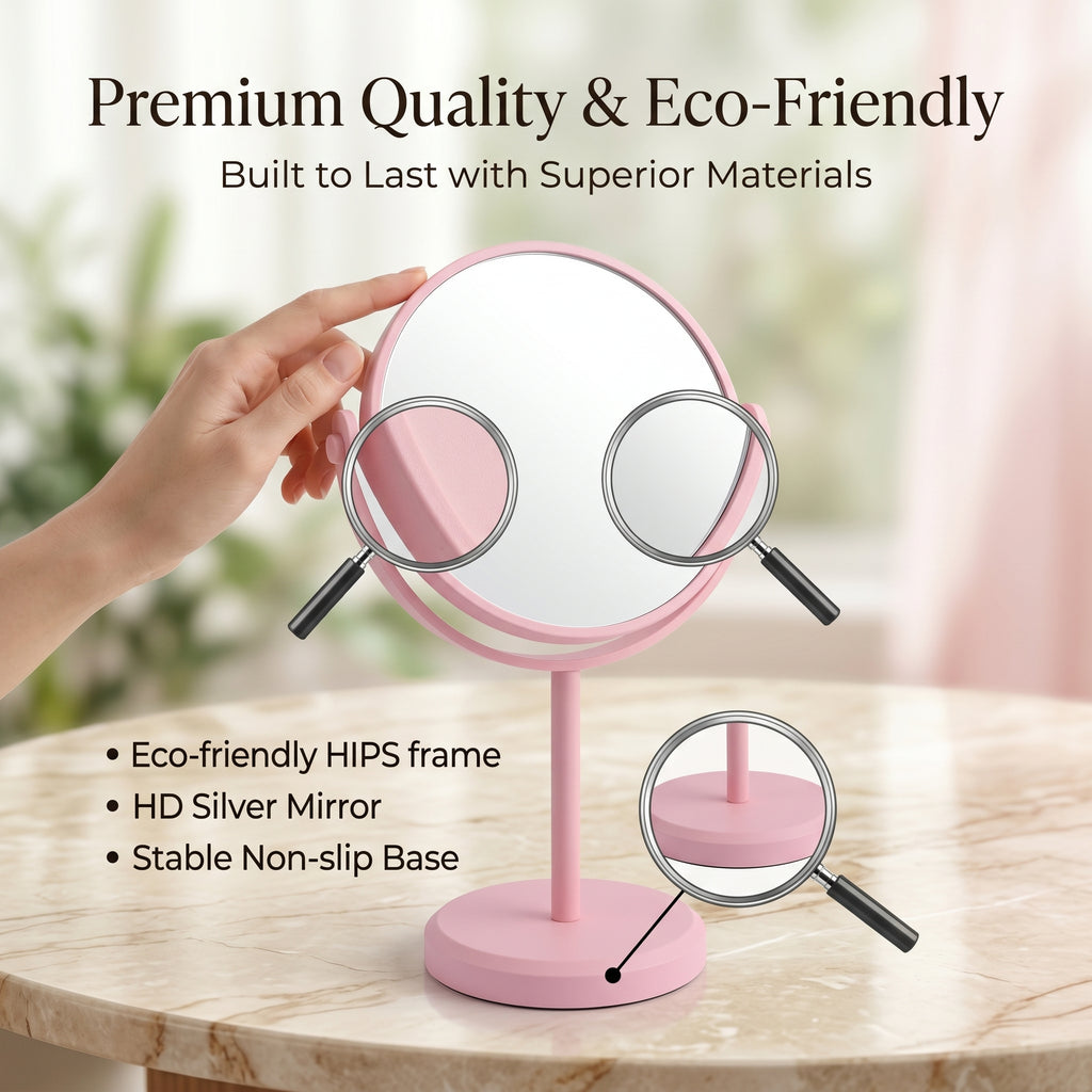 OEM/ODM Double Sided Round Tabletop Vanity Mirror with 360 from Kaifam Manufacturing. Custom logo, Pantone colors, MOQ 100pcs, 15-day lead time. Request a free quote.