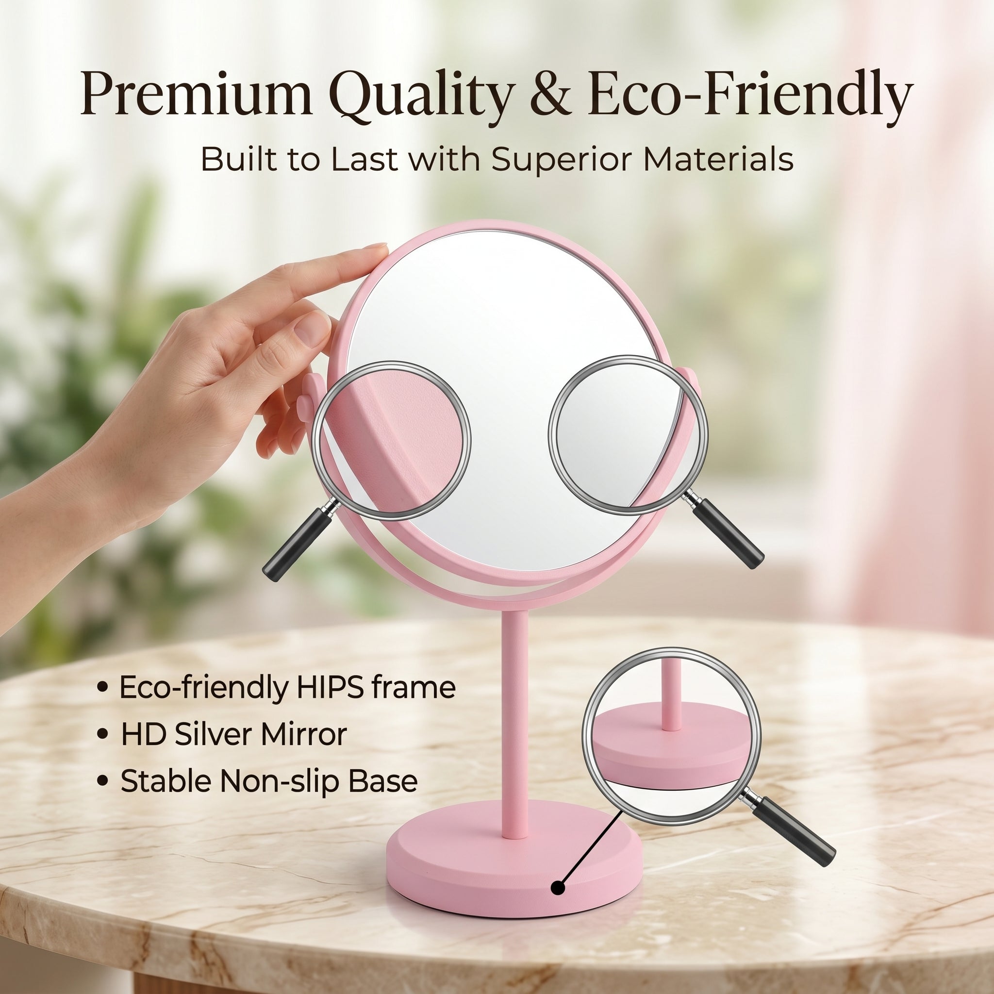 OEM/ODM Double Sided Round Tabletop Vanity Mirror with 360 from Kaifam Manufacturing. Custom logo, Pantone colors, MOQ 100pcs, 15-day lead time. Request a free quote.