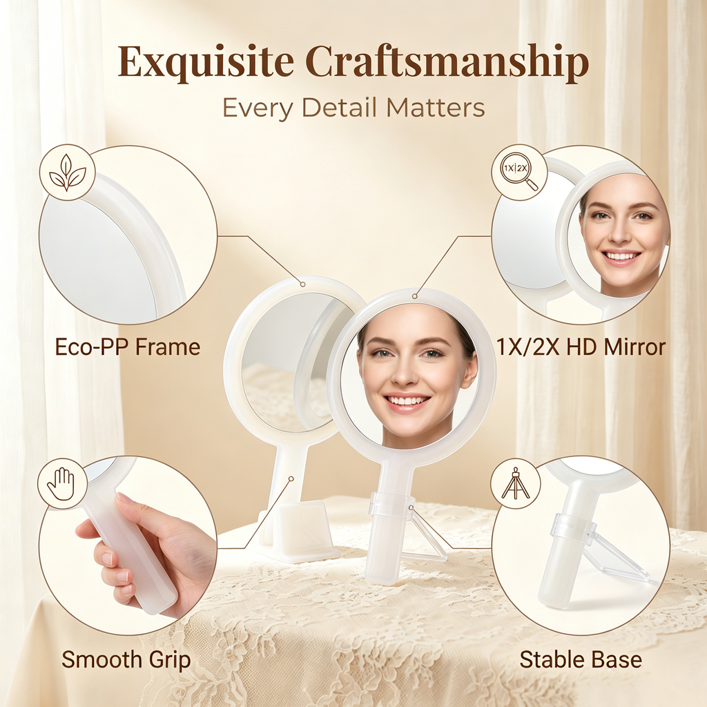 OEM/ODM Transparent Handle Double-sided Round Cosmetic Mirror from Kaifam Manufacturing. Custom logo, Pantone colors, MOQ 100pcs, 15-day lead time. Request a free quote.