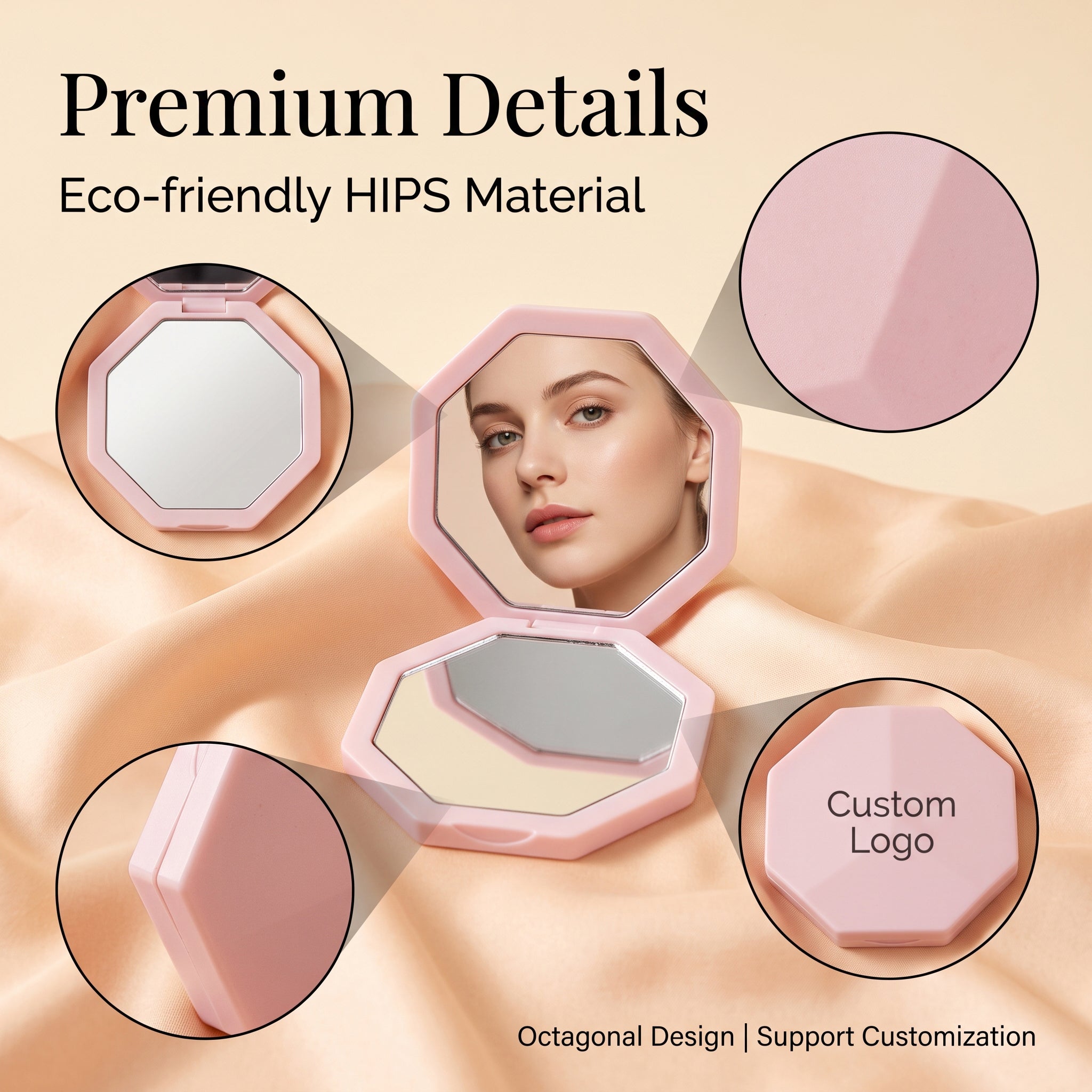 OEM/ODM Octagonal Dual-Sided Compact Mirror from Kaifam Manufacturing. Custom logo, Pantone colors, MOQ 100pcs, 15-day lead time. Request a free quote.