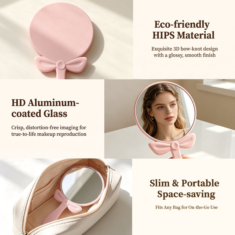 OEM/ODM Bow-knot Round Hand Mirror from Kaifam Manufacturing. Custom logo, Pantone colors, MOQ 100pcs, 15-day lead time. Request a free quote.