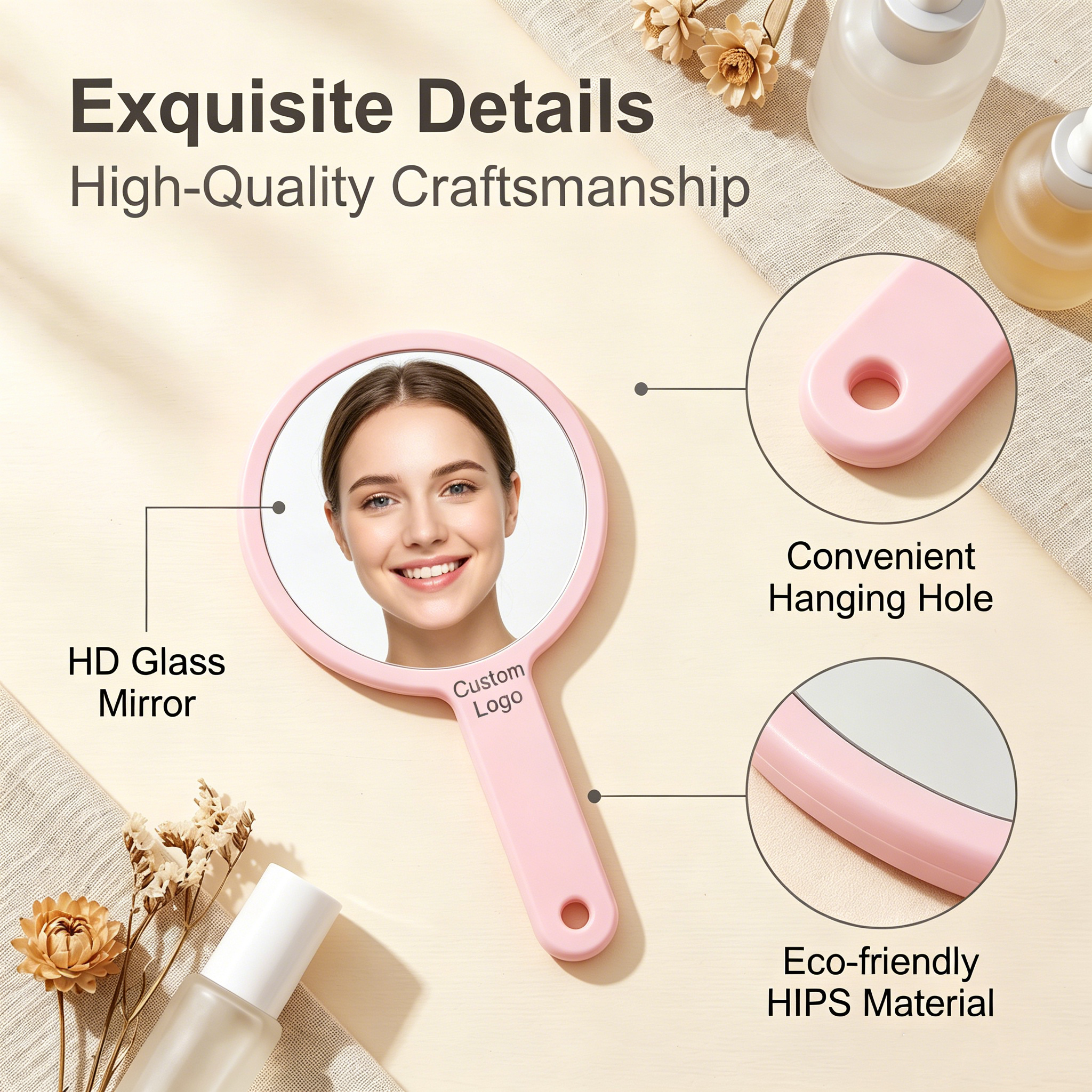 OEM/ODM Double-sided Hand Held Mirror from Kaifam Manufacturing. Custom logo, Pantone colors, MOQ 100pcs, 15-day lead time. Request a free quote.