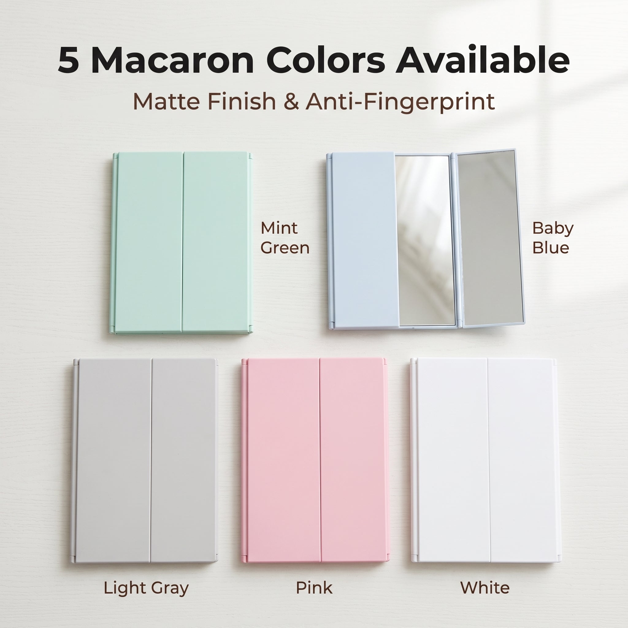OEM/ODM Tri-Fold HD Makeup Mirror from Kaifam Manufacturing. Custom logo, Pantone colors, MOQ 100pcs, 15-day lead time. Request a free quote.