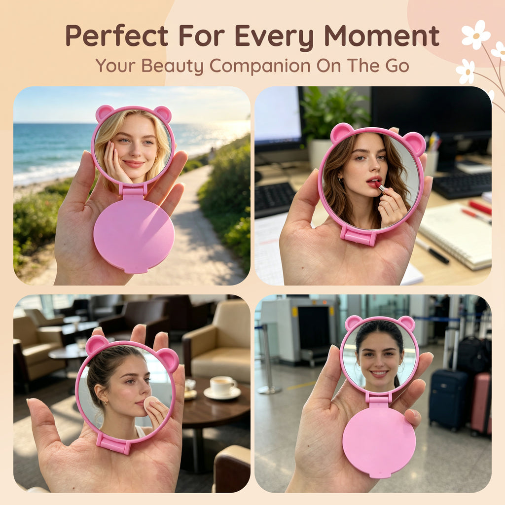 OEM/ODM Single-sided Mini Bear Ear Flip Cosmetic Mirror from Kaifam Manufacturing. Custom logo, Pantone colors, MOQ 100pcs, 15-day lead time. Request a free quote.