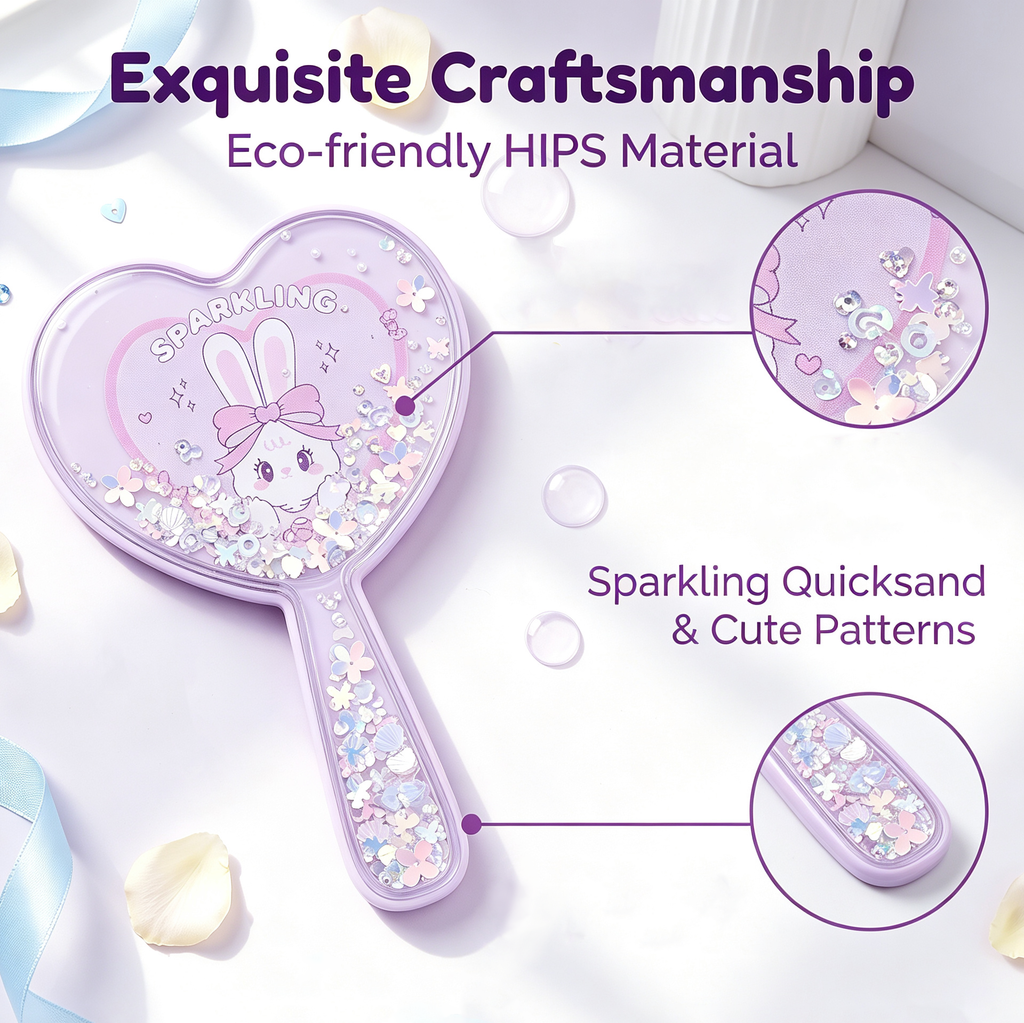 OEM/ODM Heart Quicksand Handheld Mirror from Kaifam Manufacturing. Custom logo, Pantone colors, MOQ 100pcs, 15-day lead time. Request a free quote.