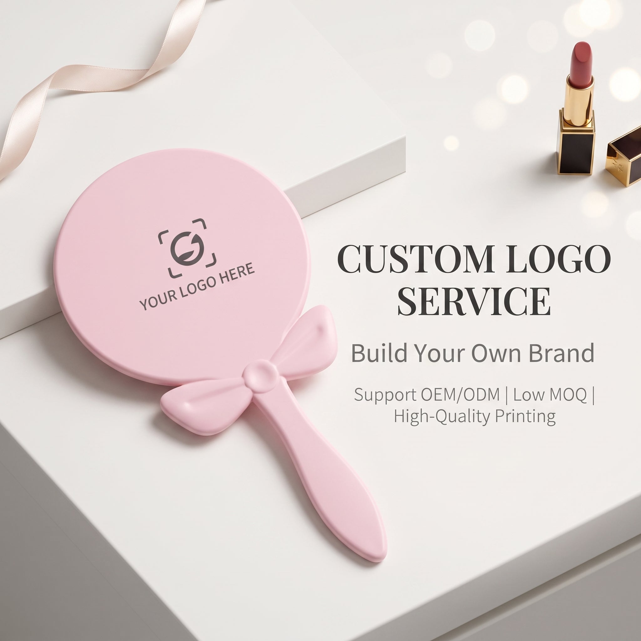 OEM/ODM Bow-knot Round Hand Mirror from Kaifam Manufacturing. Custom logo, Pantone colors, MOQ 100pcs, 15-day lead time. Request a free quote.