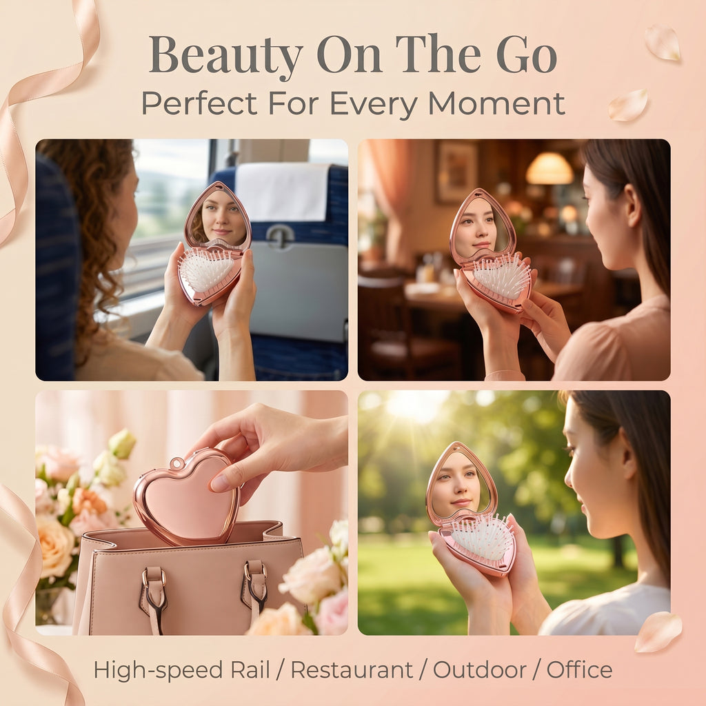 OEM/ODM Heart Flip Open Airbag Massage Comb with Built-in Mirror from Kaifam Manufacturing. Custom logo, Pantone colors, MOQ 100pcs, 15-day lead time. Request a free quote.
