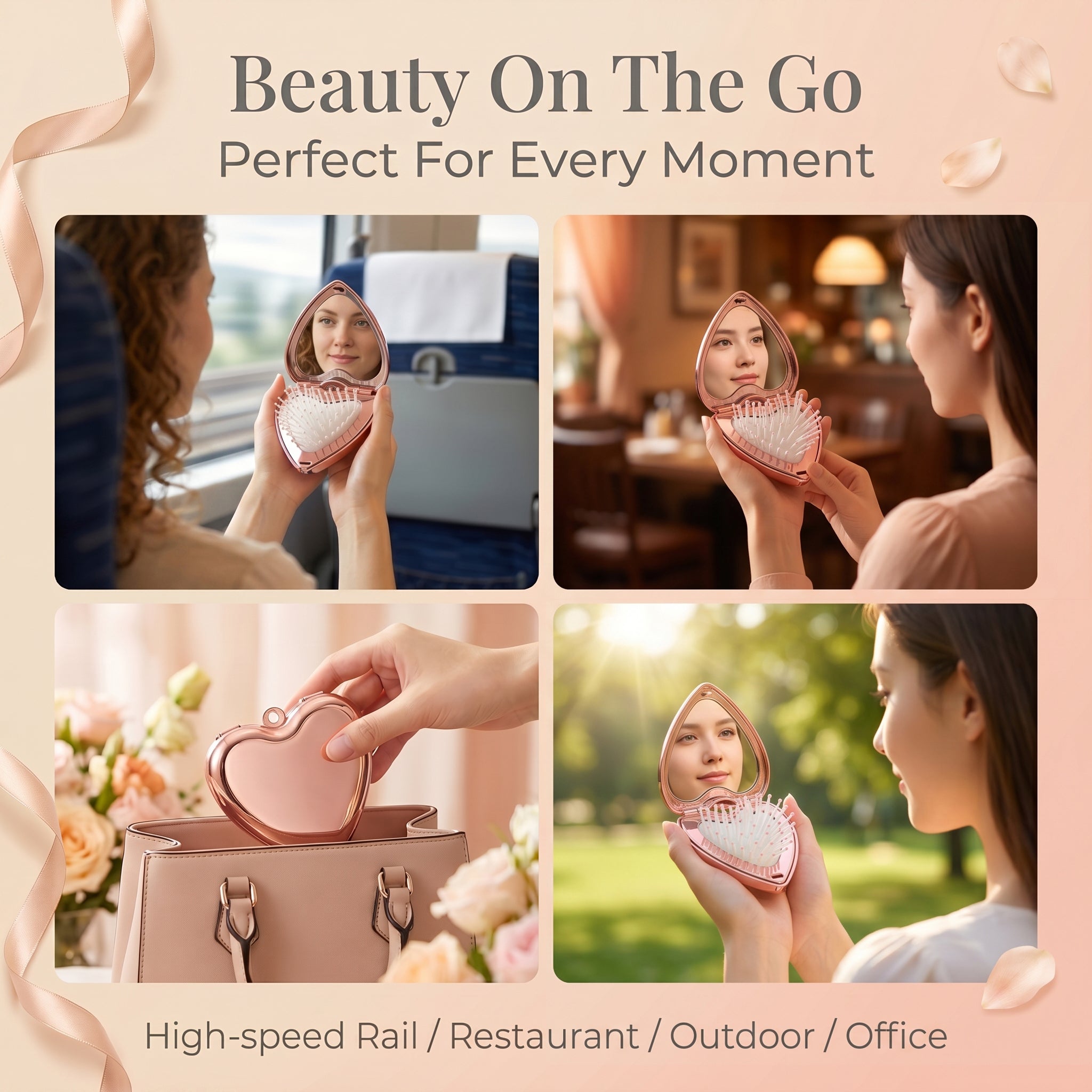 OEM/ODM Heart Flip Open Airbag Massage Comb with Built-in Mirror from Kaifam Manufacturing. Custom logo, Pantone colors, MOQ 100pcs, 15-day lead time. Request a free quote.